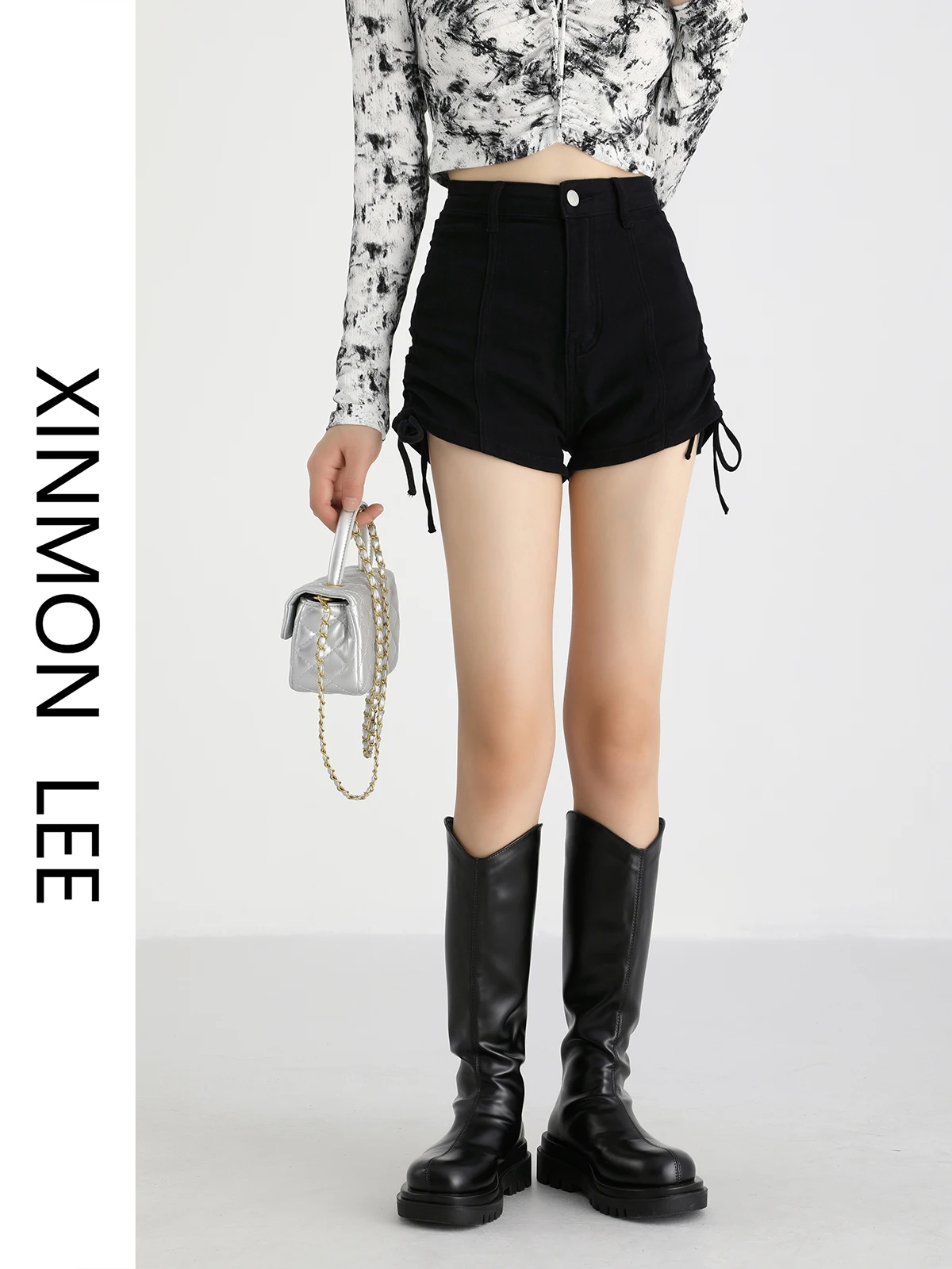 

High Waist A-Line Wide Leg Drawstring Denim Shorts Women's Slimming Design Sensation Small Audience Summer Fashion Jeans