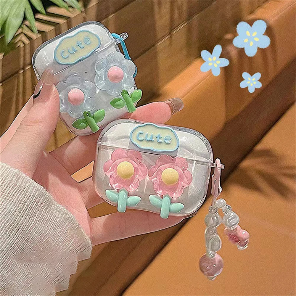 Cute 3D Blue Flower Headphone Case For AirPods Pro 2 With Love Heart Beads Pendant Protective Shell Case For AirPods 1 2 3 Cover