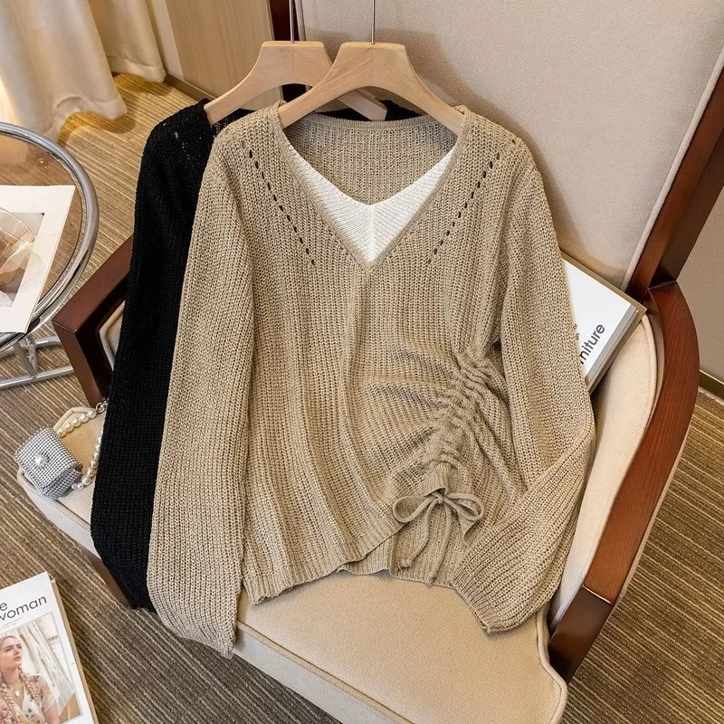 

Женский трикотажный топ больших размеров (до 300 фунтов) с длинным рукавом, необычный, осенний, универсальный, повседневный, свободного кроя, в корейском стиле