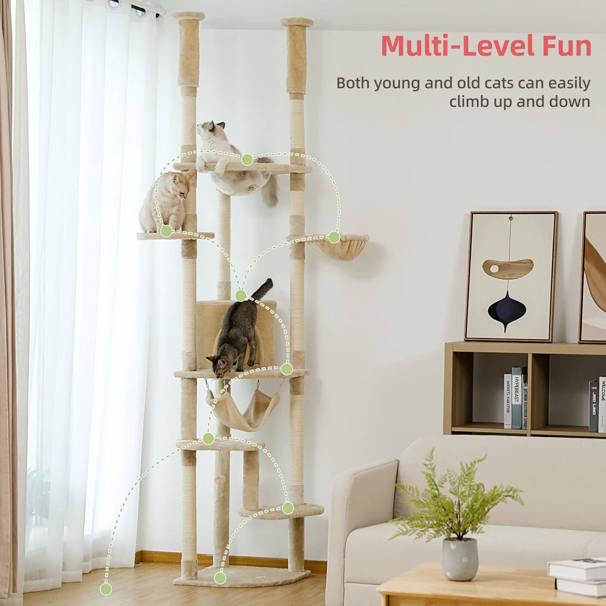 

Adjustable 236-258cm Height Cat Tree with Condo Scratching Post Large Cat Tower rascadores de gato Cat Accessories Pet Cat Toys