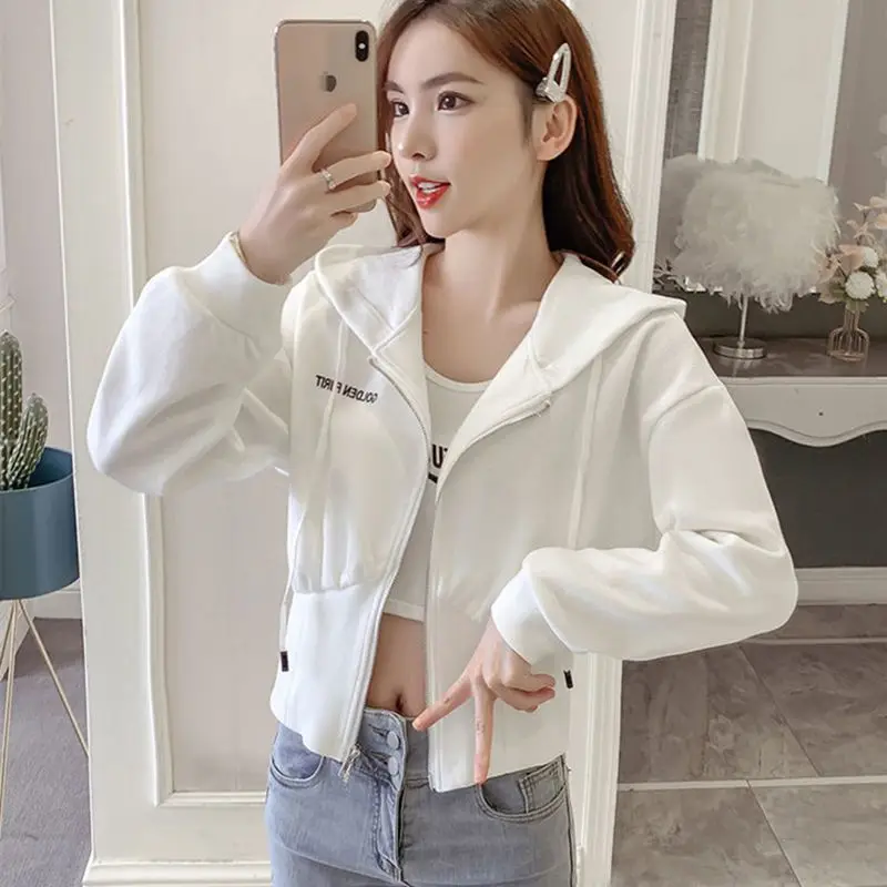 Fashion Solid Color Zipper Letter Embroidery Hooded Coats Female Clothing 2024 Autumn New Loose All-match Tops Casual Jackets