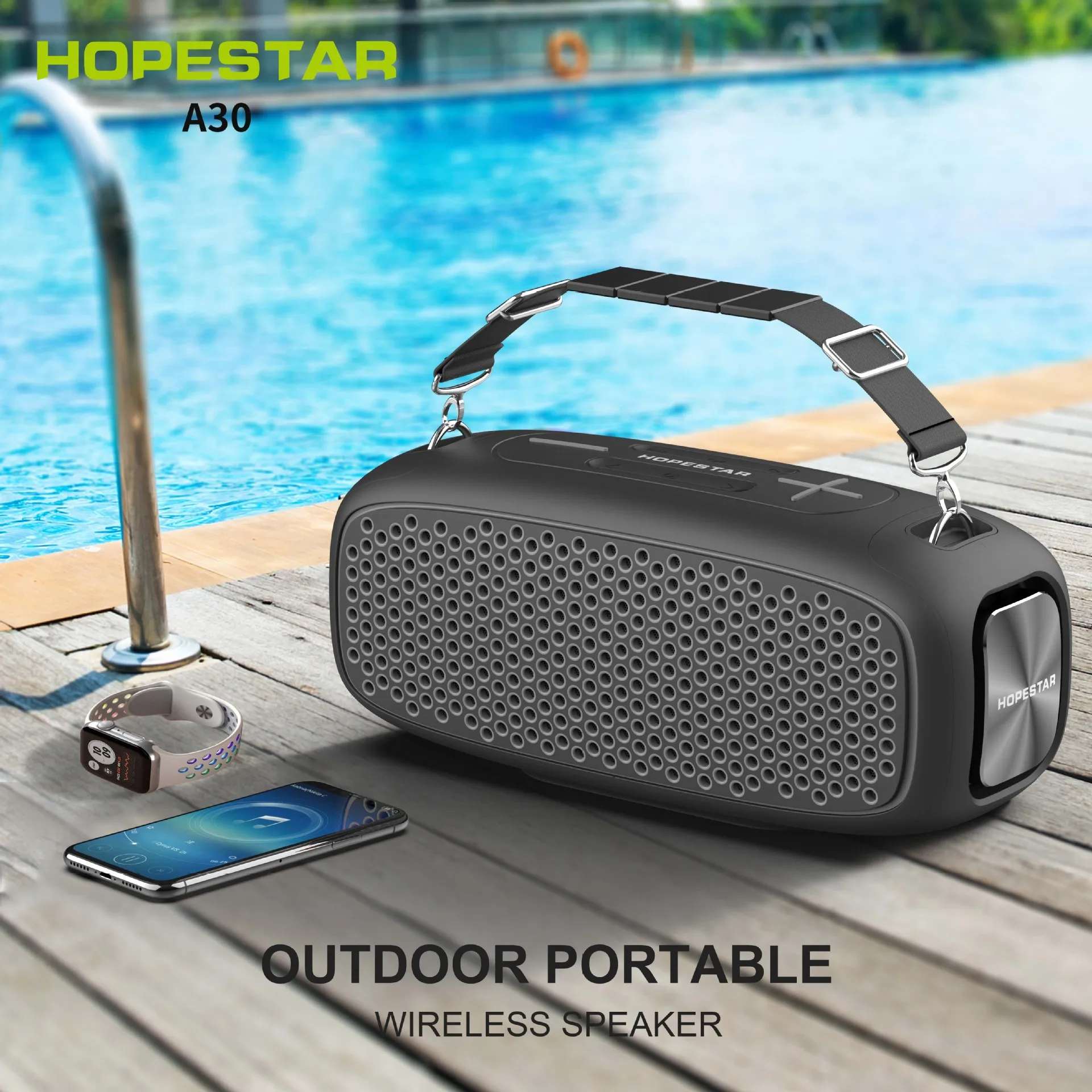 Hopestar-A30 High-Power 55W Wireless 5.0 Portable Speaker RGB LED Lighting Microphone Removable Memory Card IPX4 Waterproof