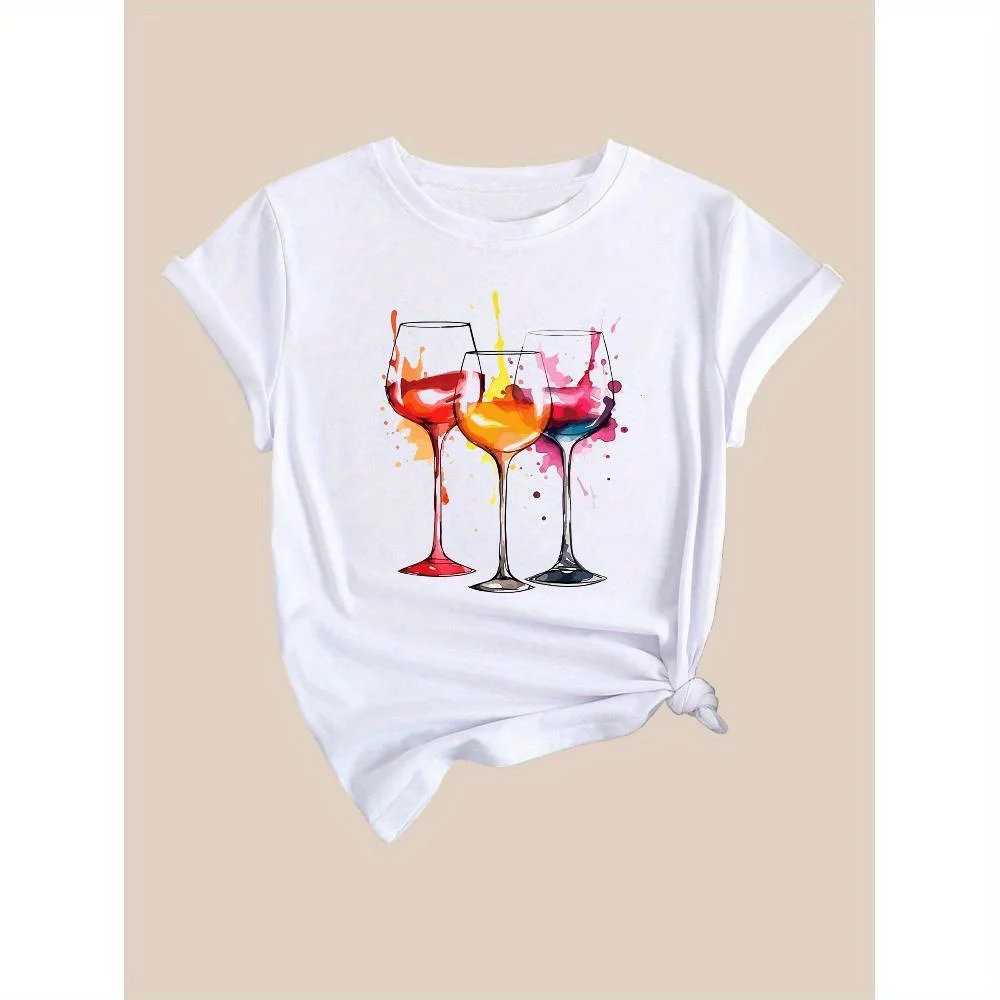 

Colorful wine glasses wine print crewneck short sleeve T-shirt