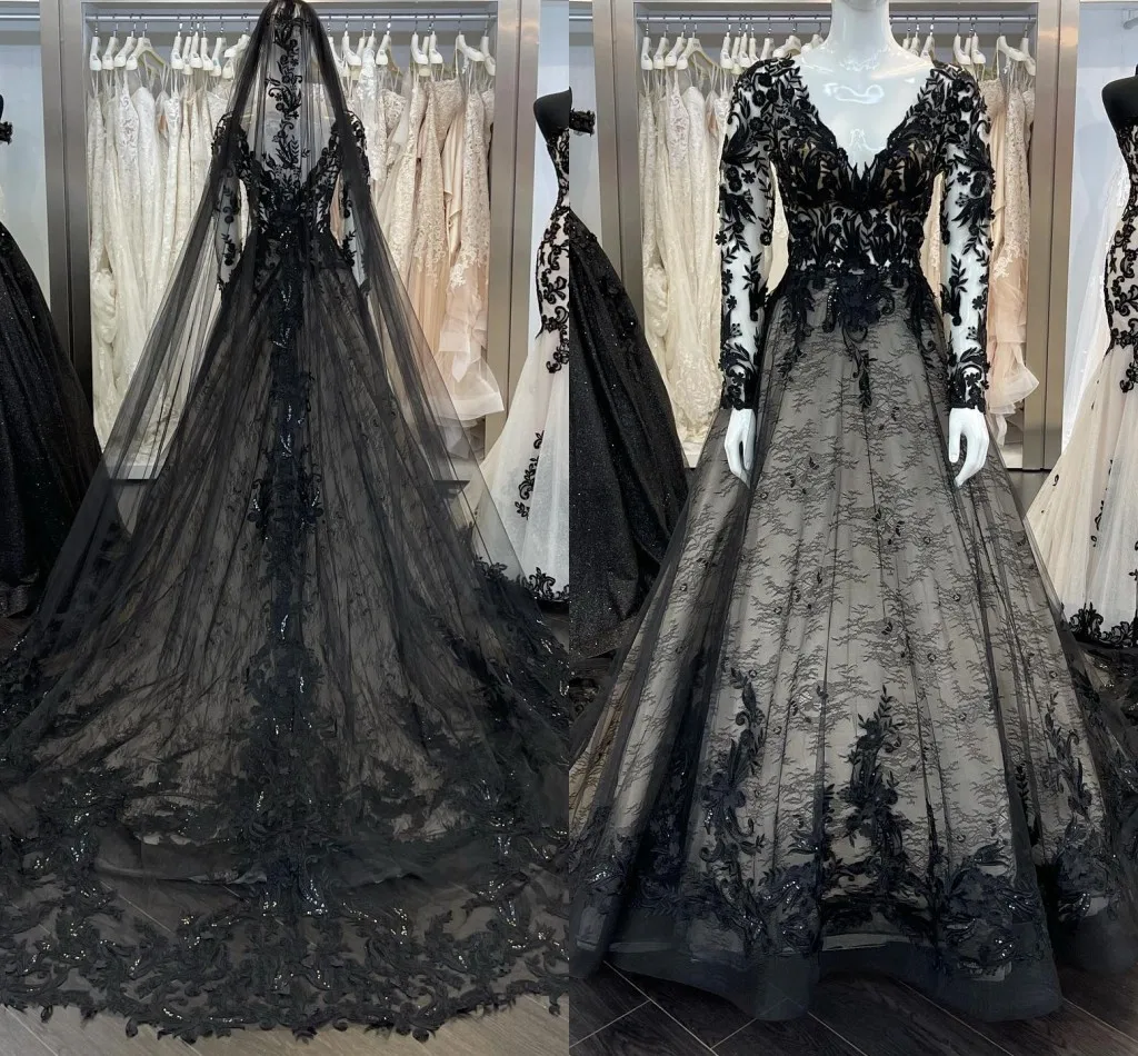 Vintage Pagan Wedding Dresses With Long Sleeve V-neck Full Lace Gothic Princess Religion Black Bridal Dress Vestido de noiva