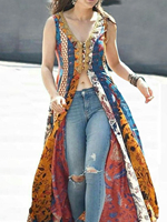 Women's Tank Dress Floral Printing Split Sexy Indie Folk Vintage Sleeveless Casual High Street Female Retro V-Neck Long Dress