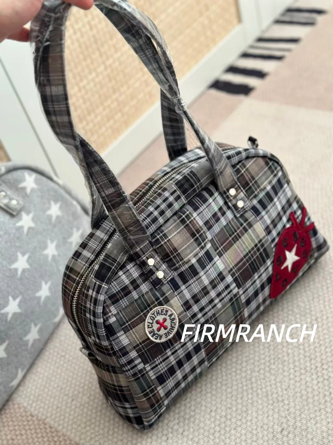 

FIRMRANCH 2026 Spring New Preppy Millennial Style Exclusive Trendy Cute Plaid Star Strawberry Design Women' Shoulder Bowling Bag