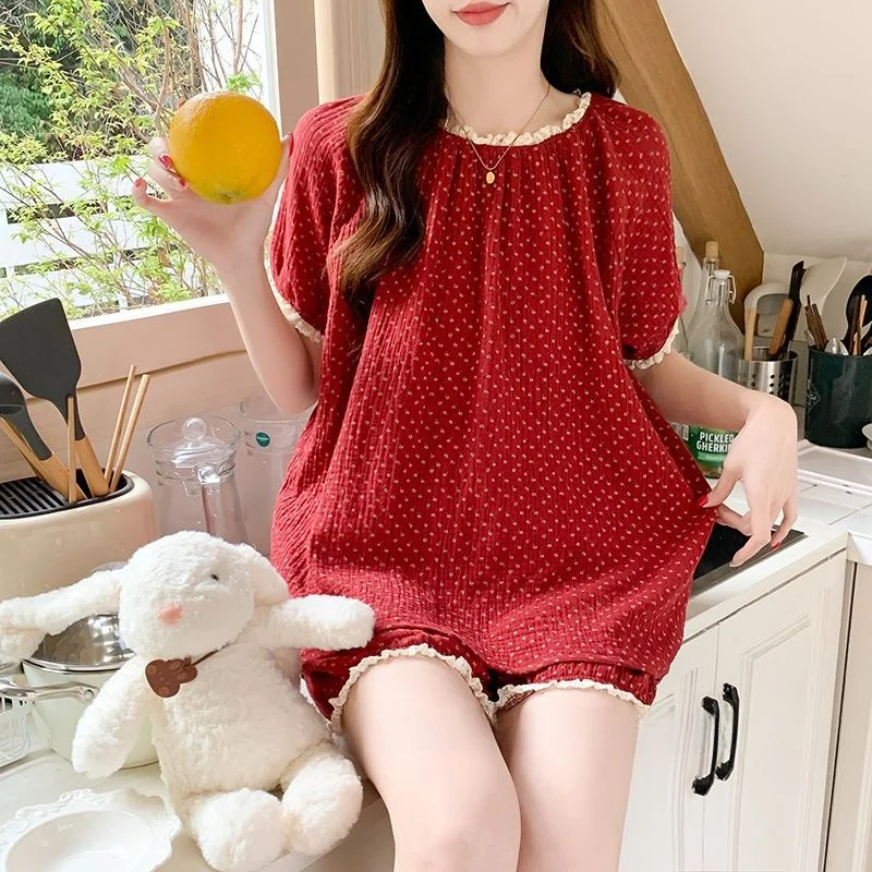 

Simple Summer Cloud Cotton ort Sve Women's Nightgown Set Floral Lace Trim Spwear Comfortable Breathable Home Clothes