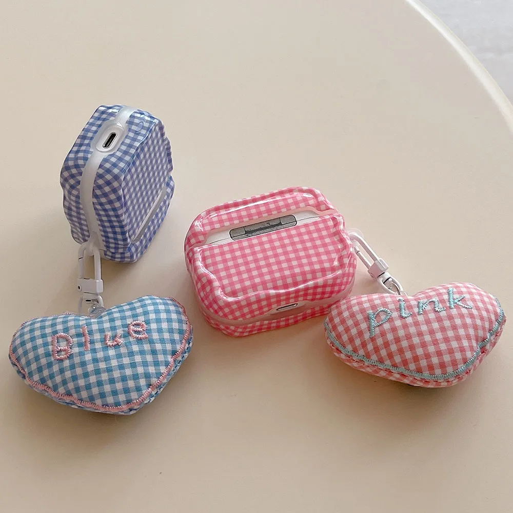 Custodia per cuffie con ciondolo a forma di cuore d'amore per Airpods Pro Semplice modello a reticolo rosa blu Accessori per auricolari Fonda per AirPods 1 2 3