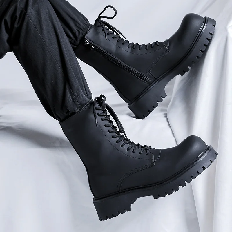 men\'s fashion high motorcycle boots black stylish platform shoes lace-up genuine leather boot stage nightclub long knight botas