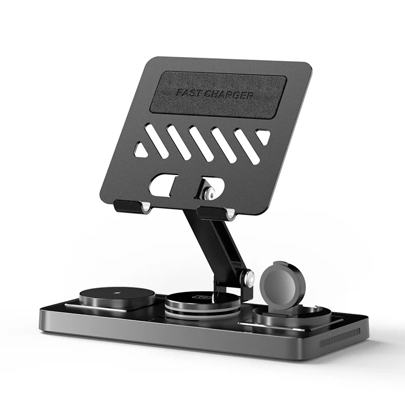 Aluminum Alloy Wireless Charger, Rotatable Foldable Tablet & Phone Stand with Retractable Cable, for Home Office Desktop Use