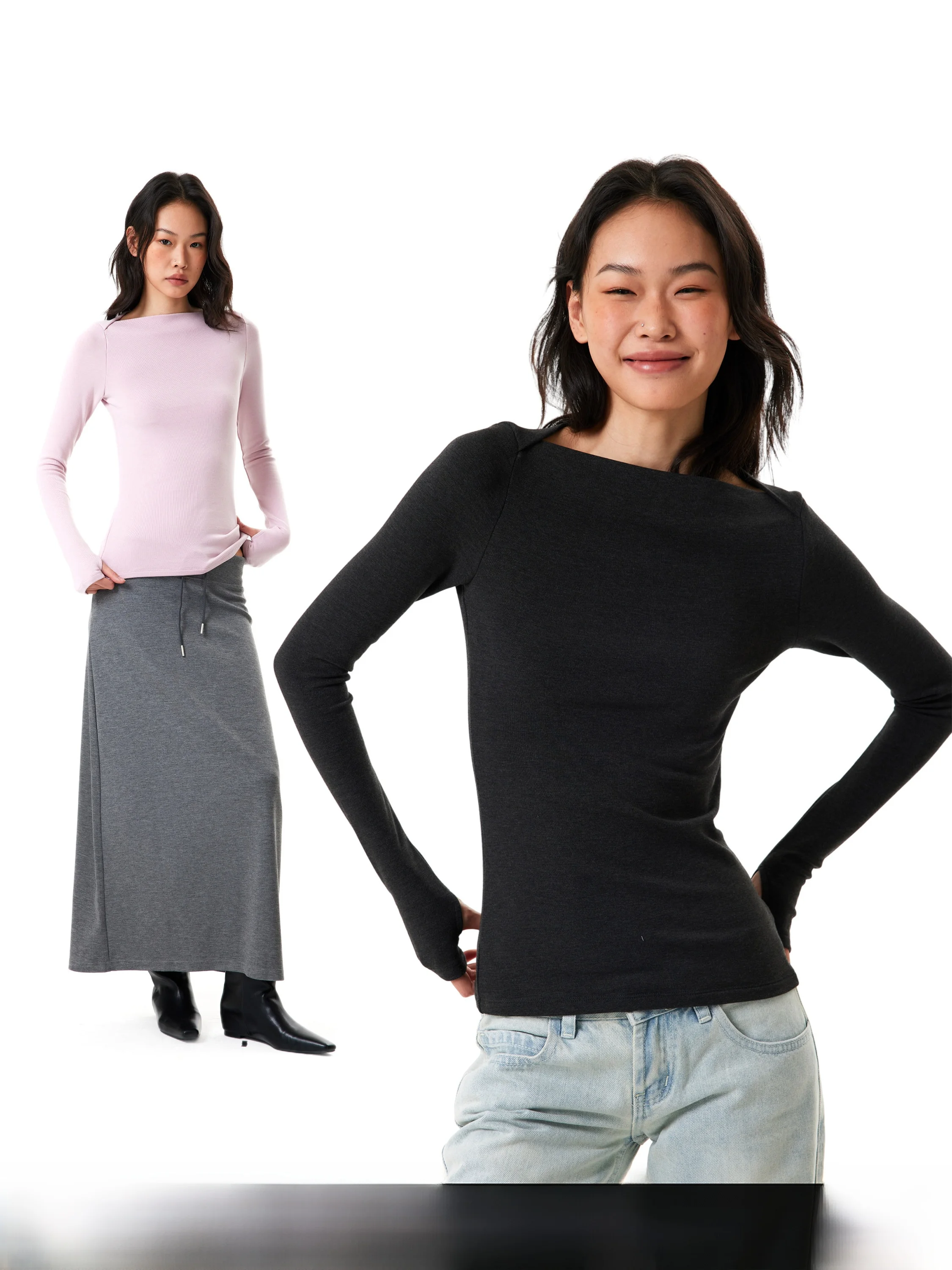 Slim Fit Long Sleeve Crew Neck T-Shirt Women's Casual Style GO GO BURN Brand Black American Style Boat Neck Top