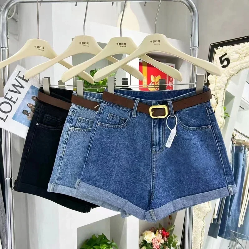 

2022 Summer New Ins Trendy Denim Shorts Women's Casual Loose-Fit High-Waisted Curved Edge Student A- Line Wide-Leg Pants