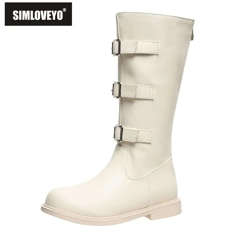 

SIMLOVEYO Новые ботинки до середины икры, низкие каблуки 2 см, круглый носок, молния сзади, пряжки ремня, маленькие размеры 31-33 40, зимние женские ботинки, распродажа