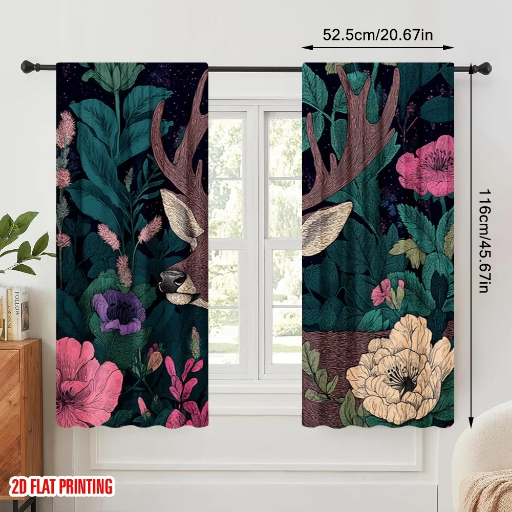2pcs,2D plane printing Creative Curtains Deer Antlers Flowers Nature (3) Versatile Polyester (without rod) Room Decor Use for