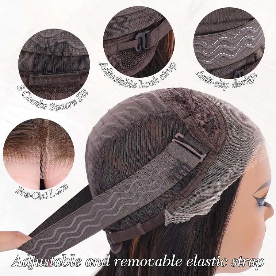 بني داكن مع تسليط الضوء على باروكات صناعية بدون صمغ بدانتيل أمامي للنساء 13 × 4 نمط شعر مموج مسبق القطع مثالي للاستخدام اليومي