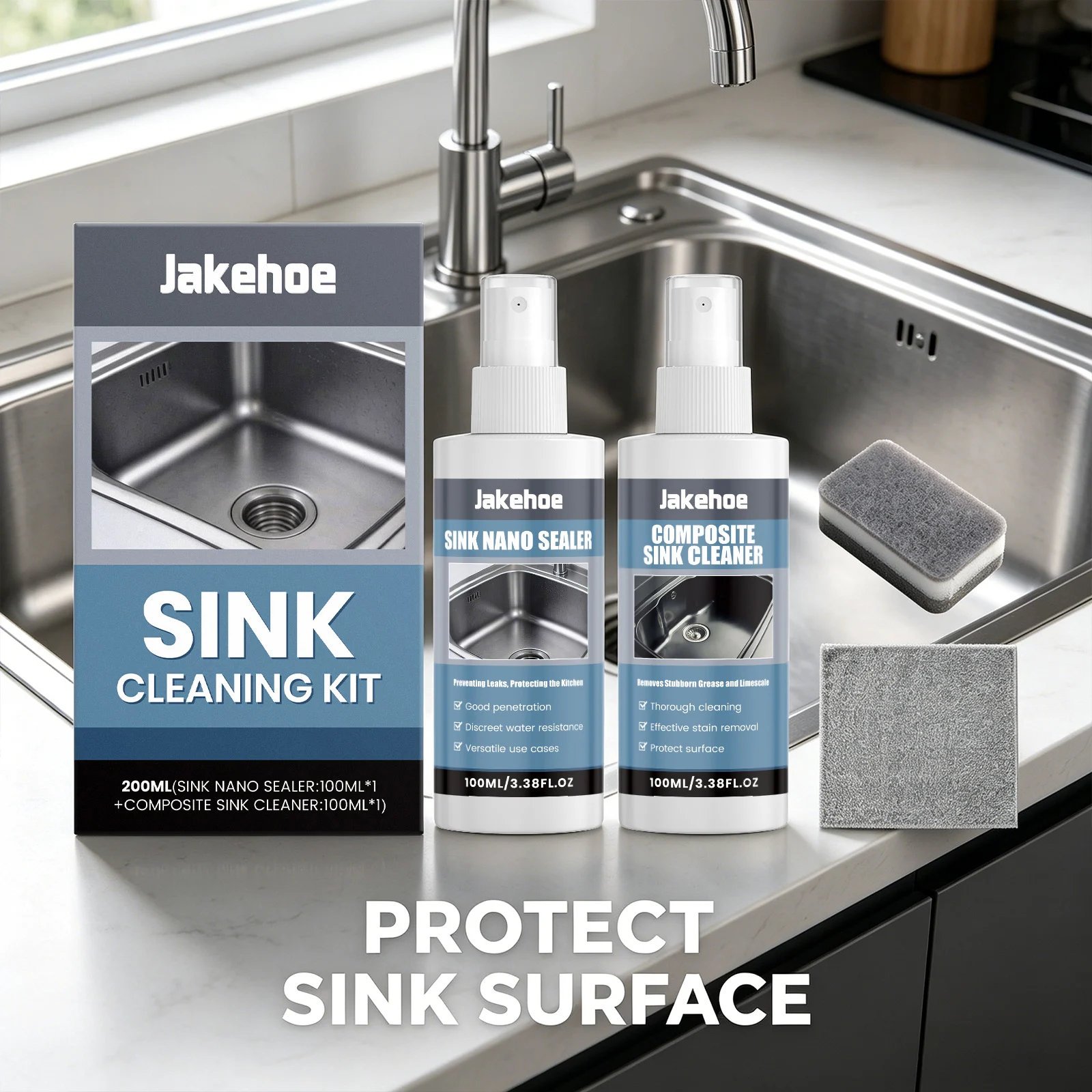 Sink Cleaning Kit Remove Grease & Limescale Reduce Odor Protect Surface Restore Luster Maintenance 2-in-1 Composite Sink Cleaner
