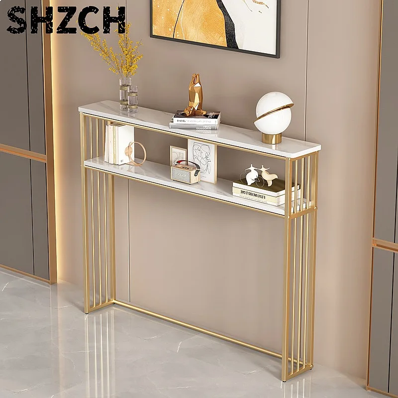 Luxury Gold Narrow Floor Standing Console Table Multi-Purpose Sofa Back Storage Organizer for Living Room