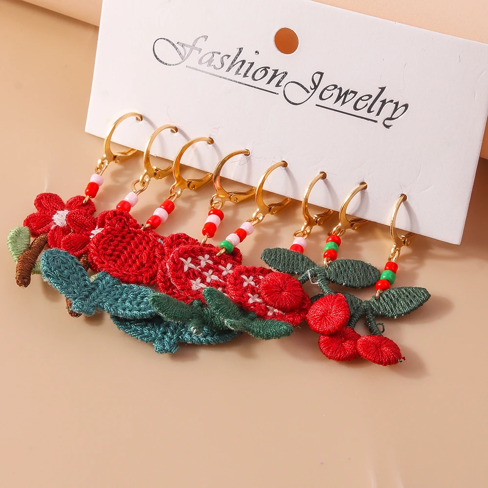 Aihua Rote Farbe Niedliche Gestrickte Blumen Ohrringe für Frauen Mädchen Handgemachte Gehäkelte Blume Rose Ohrringe Geburtstag Party Schmuck Geschenke – Detail 2