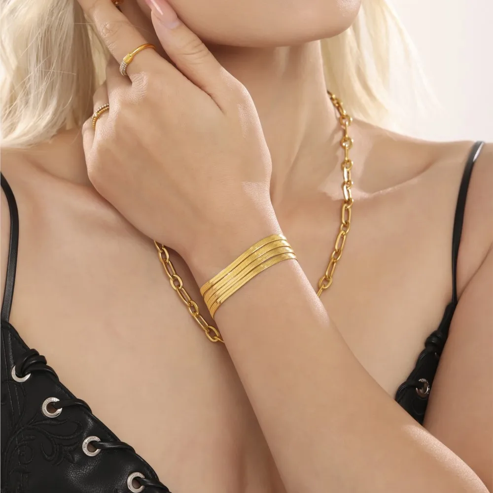 Stainless Steel Multi Chains Bracelets For Women 18k Gold Plated Waterproof Non Tarnish Adjustable Women\'s Snake Chain Bracelet