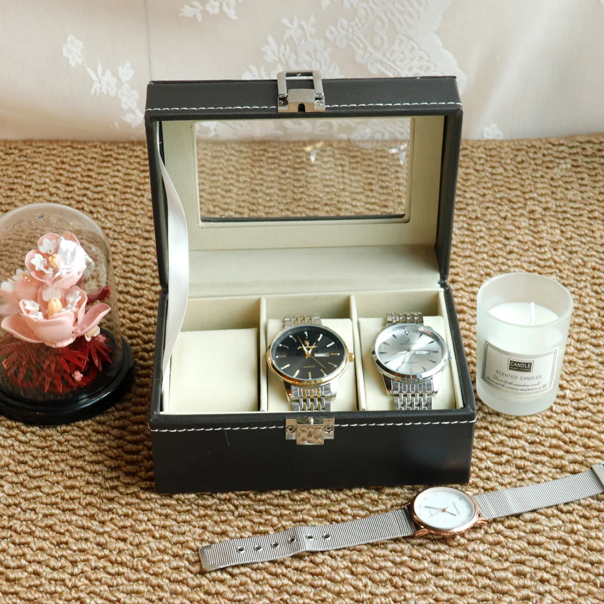 High-End European Style Leather Jewelry Box with Pillow 3 Slots Watch Storage Display Case Premium Quality Watch Case
