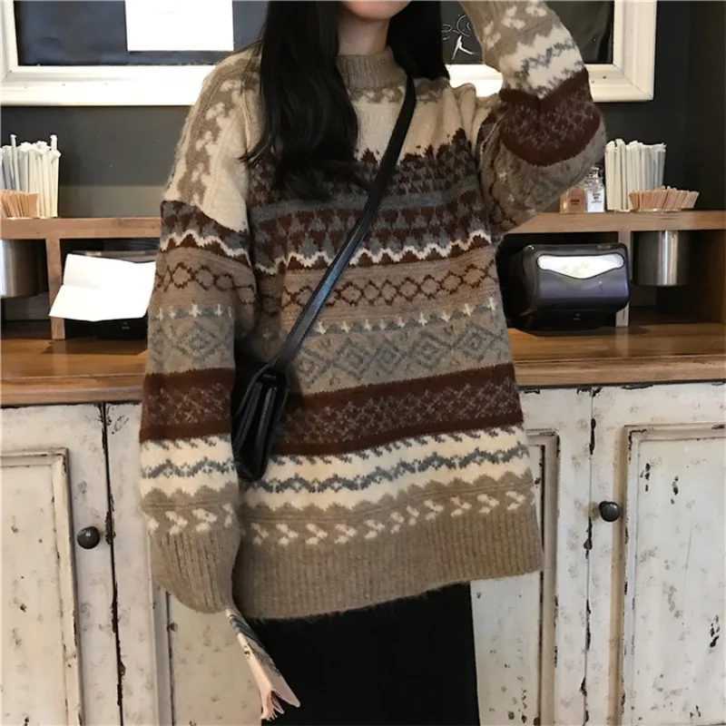 Vintage Sweaters Women Pullover Winter Striped Jumpers Korean Style Loose Pullover Knitwear Casual Loose Sweater Pull Femme