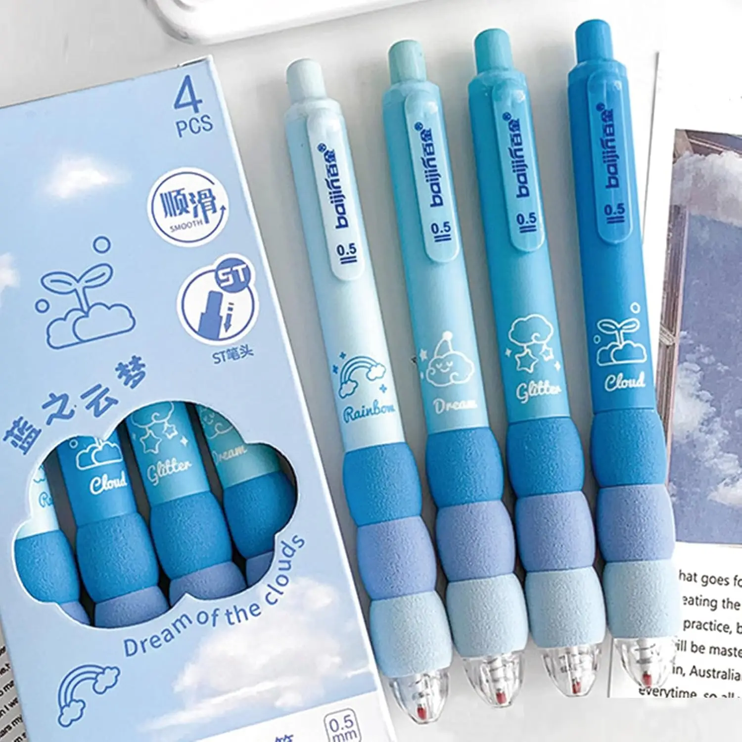 

4 Pcs Cute Gel Pens Aesthetic Retractable Pens Blue Soft Grip Pen 0.5mm Black Ink Pen Kawaii Office School Pens Supplies