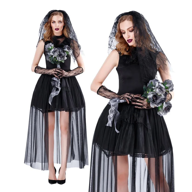 Gothic Dead Zombie Vampire Corpse Ghost Bride Black Lace Dress Women Halloween Cosplay Costume Nightmare Scary Fancy Outfit