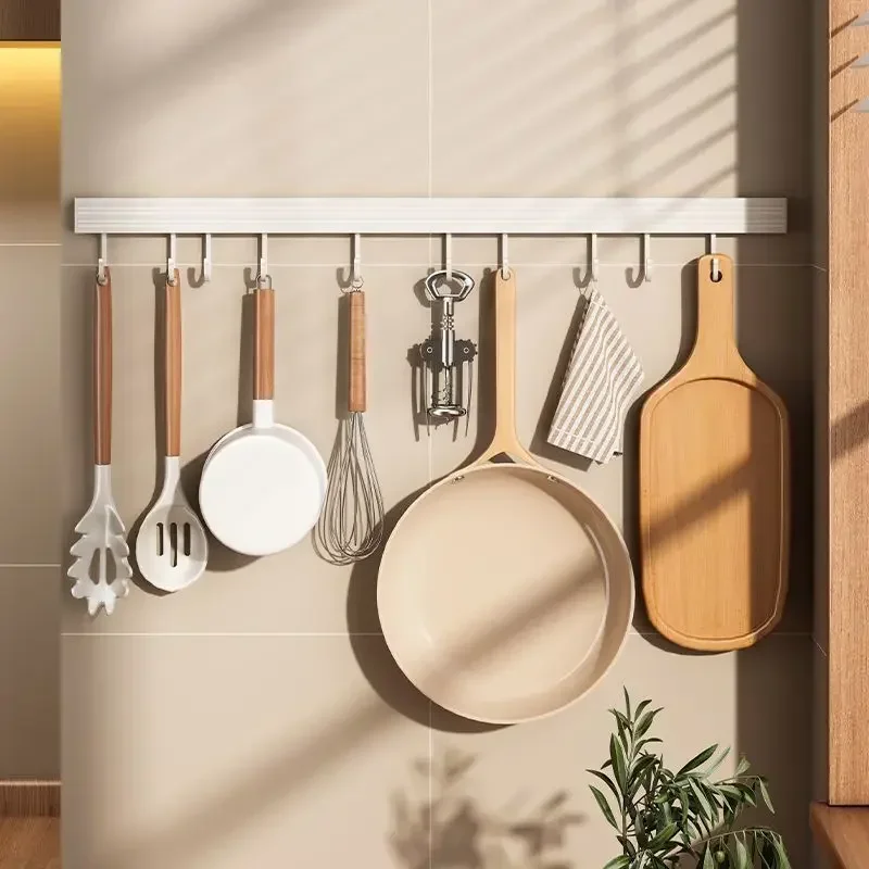 Wall Mounted Kitchen Storage Rack No Punch Shelves with Movable Hook Spoon Holder Organizer Kitchen Utensil Accessories