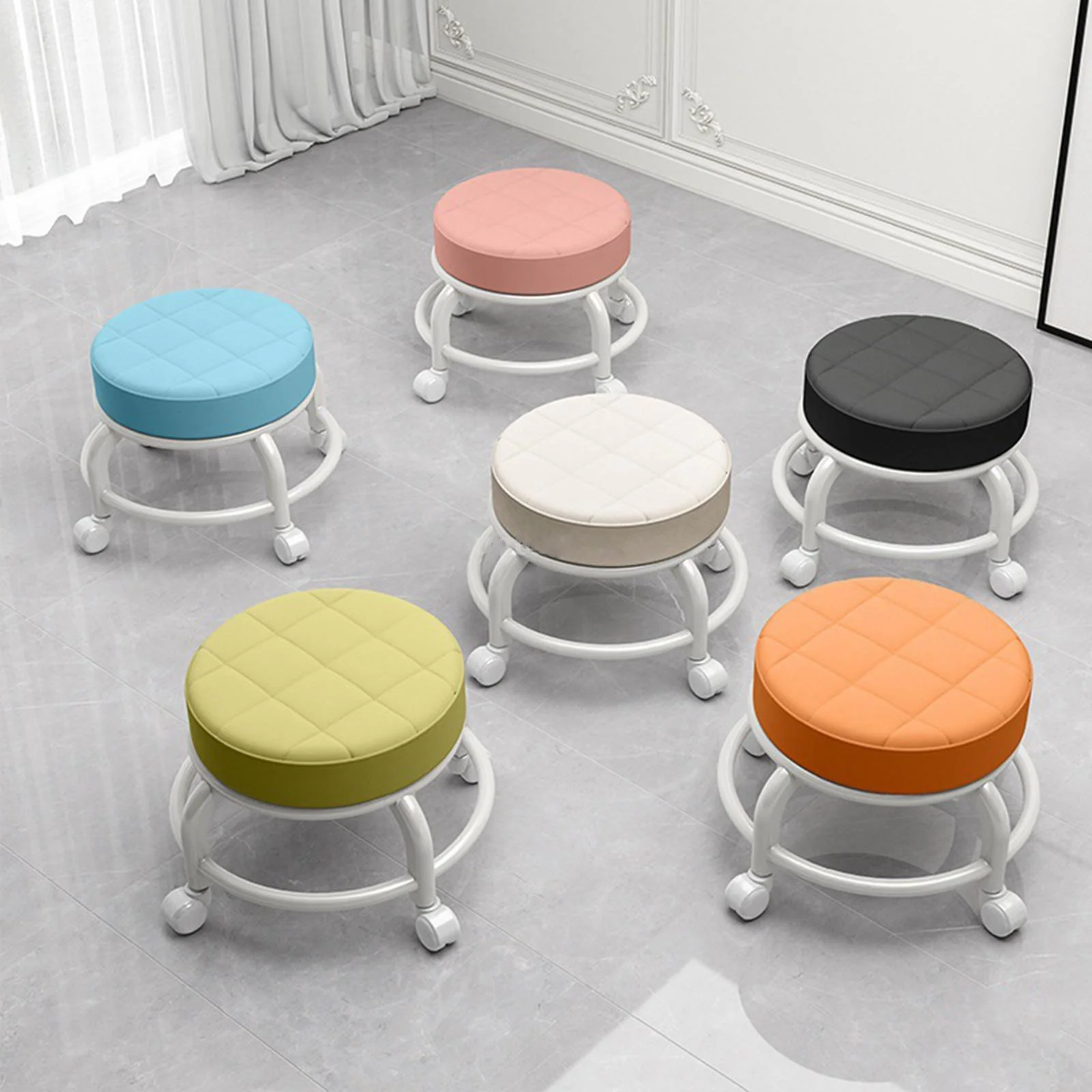 Low Round Roller Seat Stool PU Leather Seat Padded Footrest 360 Degree Rotating Rolling Stool Swivel Chair for Garage Salons