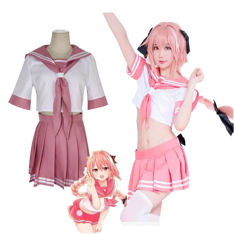 Disfraz de caballero negro Apocrypha Astolfo, uniforme escolar japonés para chica, peluca con lazo, traje de marinero de Halloween, Setc completo; 3,k'