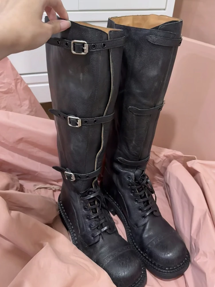 

Носоношенные ботинки Cookie Uncle с круглой головкой, женские мотоциклетные рыцарские сапоги до колена, новинка 2025, кожаные сапоги Sle Briti Sle