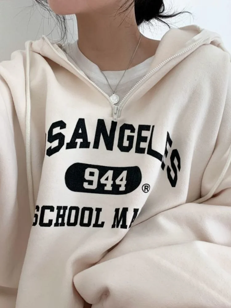 Women Kpop Loose Hooded Sweatshirts Half Zipper Pullover Long Sleeve Couple Top Harajuku Vintage Letter Printed Hoodies