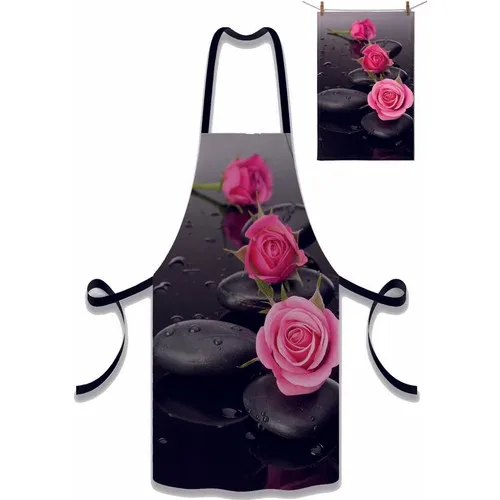 Else Carpet Else Black Pink Rose Spa Stone Pattern Fabric Chef Dish Kitchen Apron and Towel