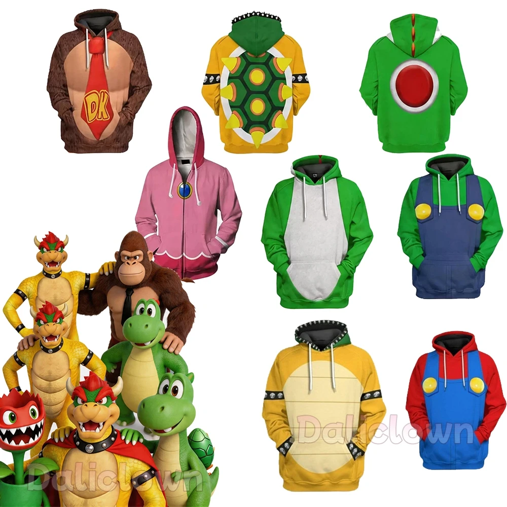 Bowser Cosplay Hoodie für Männer und Frauen Yoshi Jacke Prinzessin Peach Kostüm Kinder Erwachsene Harajuku Casual Outfit Halloween Weihnachten Hoodie