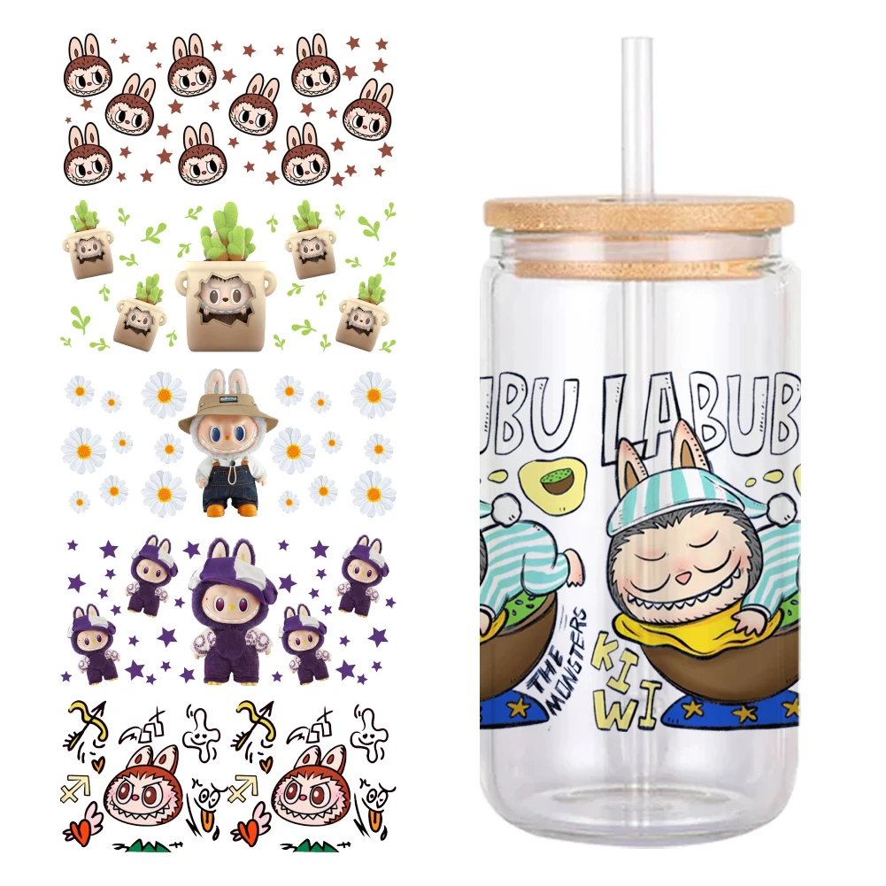 Cartoon Design Lovely Labubu Pattern UV DTF Transfer Sticker Waterproof Transfers Decals For 16oz Glass Cup Wrap Stickers