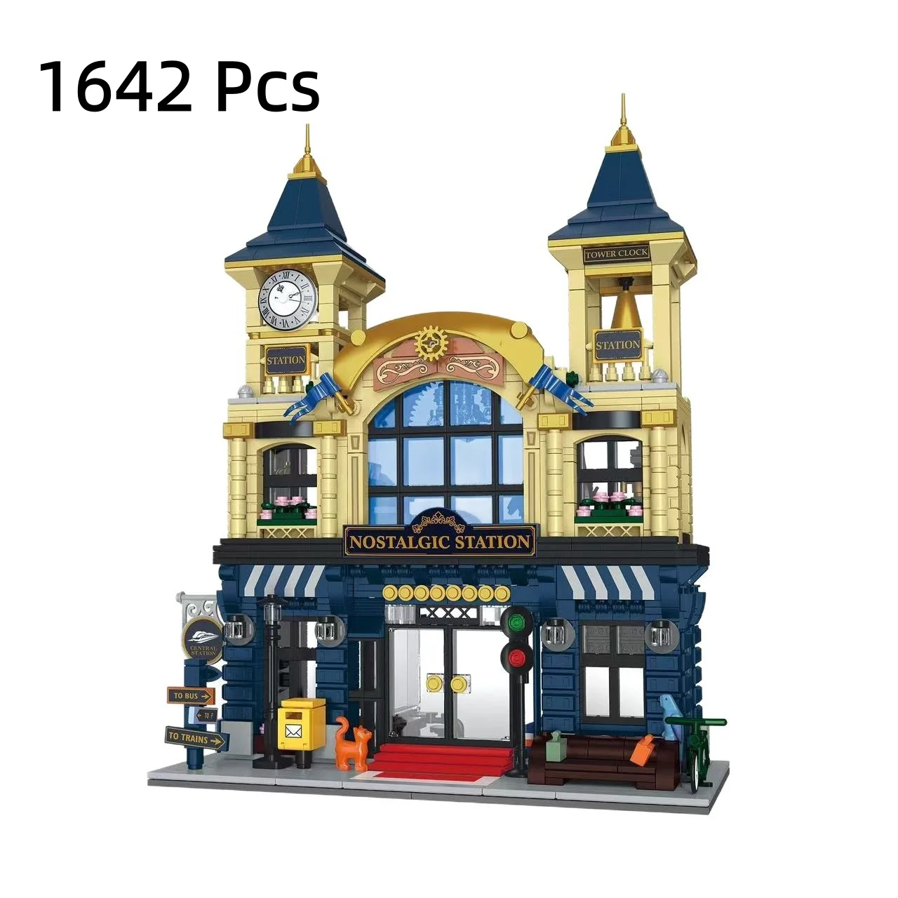 20124 Retro Train Station Waiting Hall Building Blocks with LED Light, City Street View Architecture Model DIY Educational Toy