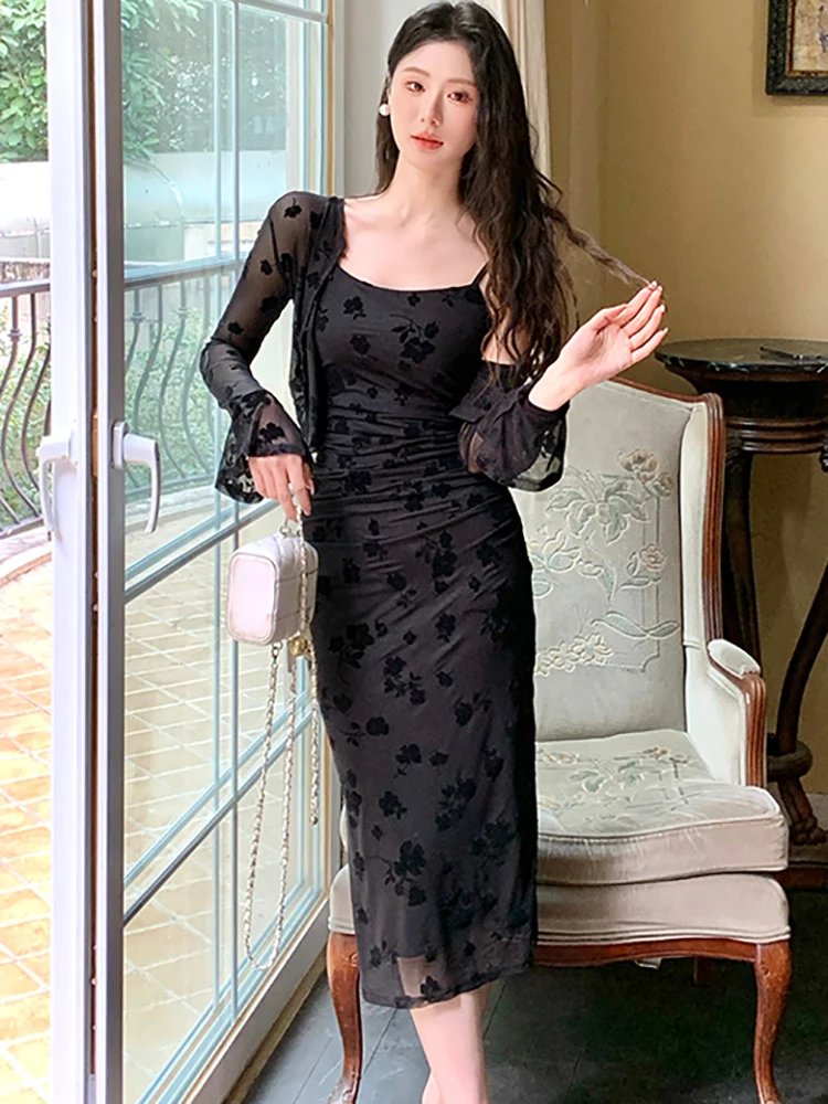 2025 Nieuwe Rode Massaal Bloemen Sling Lange Jurk + Lange Mouw Top Shirts Tweedelige Sets Vrouwen Herfst Koreaanse vintage Bodycon Jurken