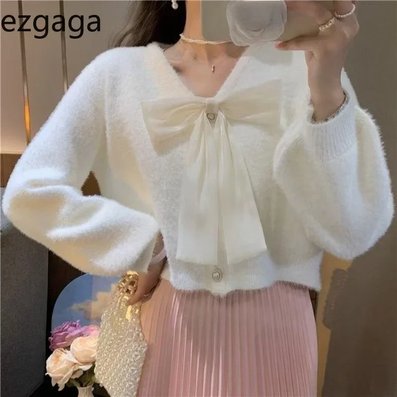 Ezgaga Elegant Cardigan Women Bow Bandage V Neck Autumn Single Breasted Sweet Cropped Sweater Outwear Loose Ladies