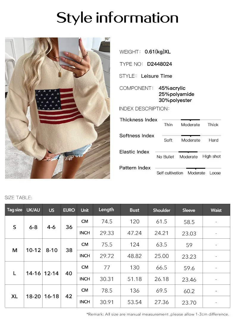 2025 Autumn American Flag Top Women's Casual Loose Long Sleeve Sweater Independence Day Gift M