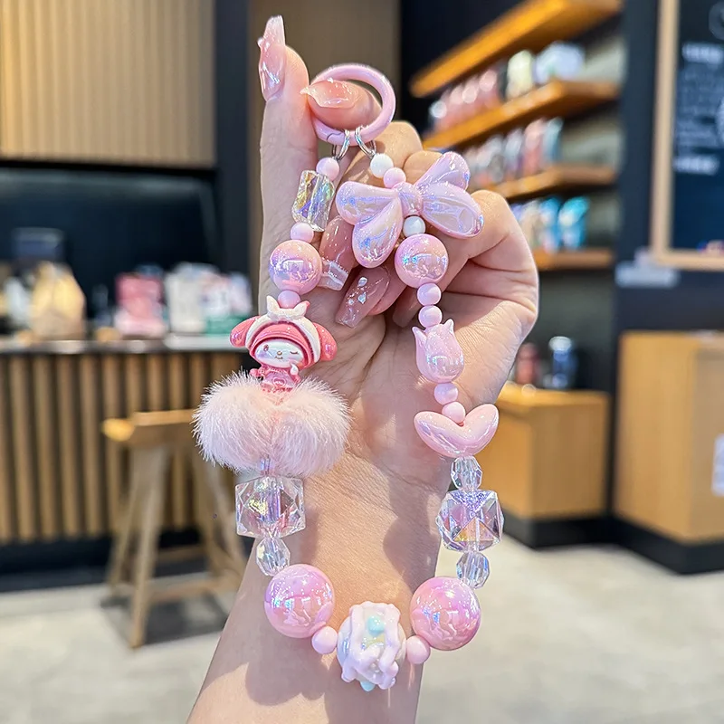 

Sanrio Melody Hello Kitty Kuromi Bow Beads Mobile Phone Case Chain Charm Camera Bag Decoration Accessories Pendant KeyChain Gift