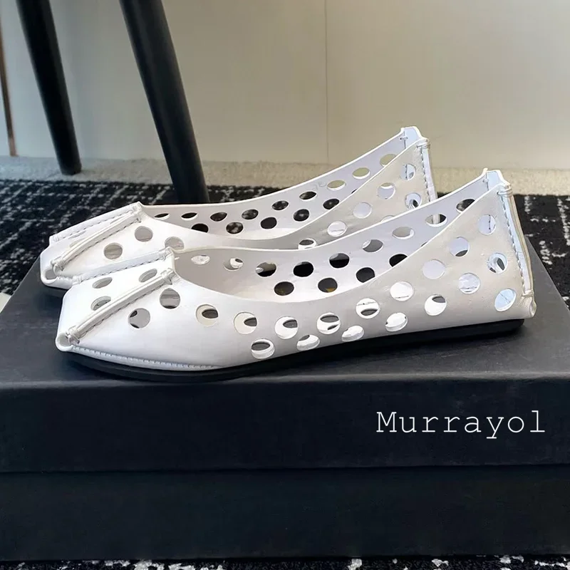 Solid Color Flat Bottom Ballet Shoes Women Genuine Leather Hollow Out Design Mary Jane Shoes  Spring Summer Sweet Single Shoes