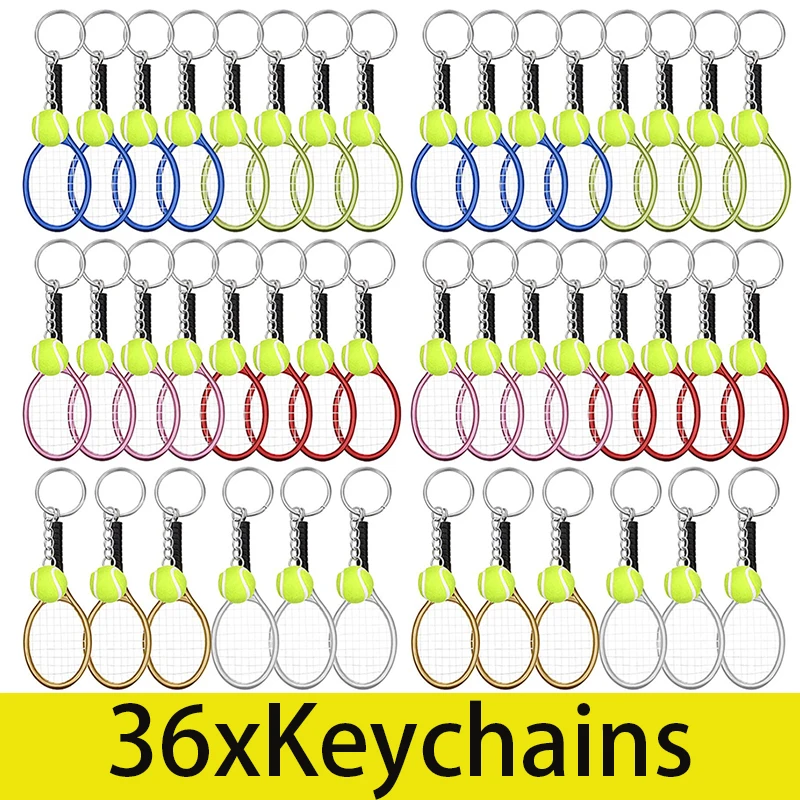 36Pcs Mini Tennis Racket Keychain Key Ring for Lovers Team Keychain Alloy Tennis Backpack Keychains