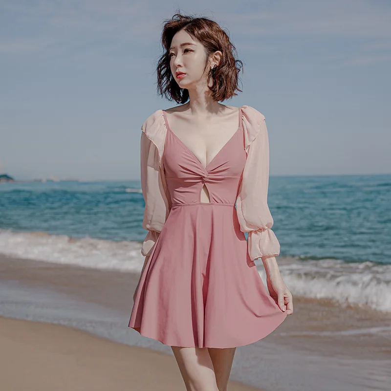 Wisuwore 2023 Skirt One-piece Swimsuit Women Conservative South Korea V-neck Solid Color Hot Spring Bathing Swimming Suit