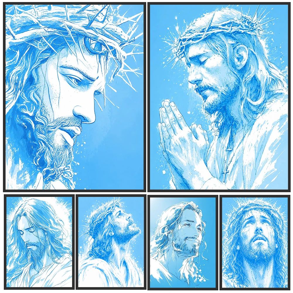 Jesus Christ Crucifix Canvas Wall Painting, Blue Sketch Style Christian Faith Poster, Religious Artwork for Home Church Wall Art