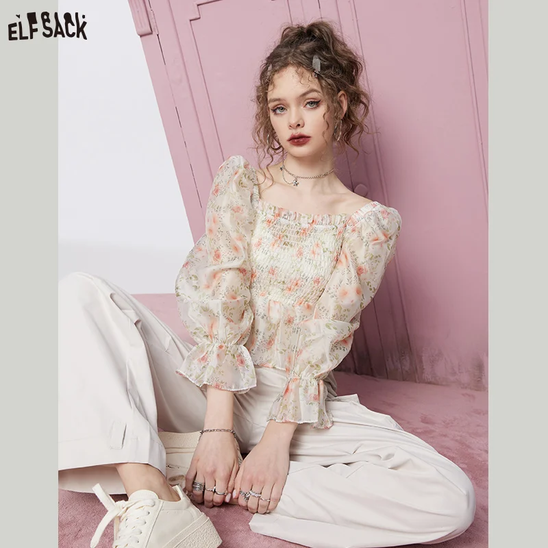 Imagem -04 - Elfsack Curto Floral Chiffon Blusas Femininas 2023 Primavera Manga Longa Básico Topos