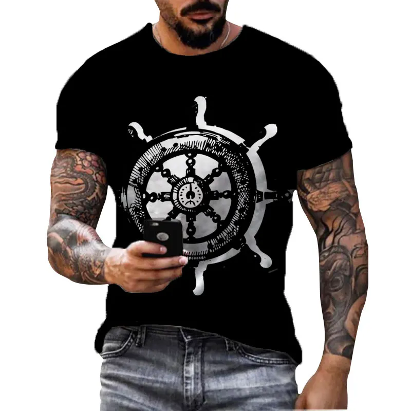 Versatile white printed T-shirt for men sea anchor pattern O-neck short sleeved daily casual T shirts loose pullover oversized