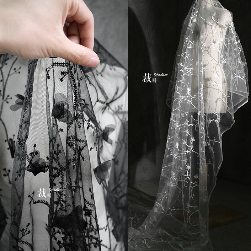 Flower Metaphor See-through Mesh Butterfly Three-dimensional Flower Embroidery  Mesh Clothing Dress Hanfu Background Fabric