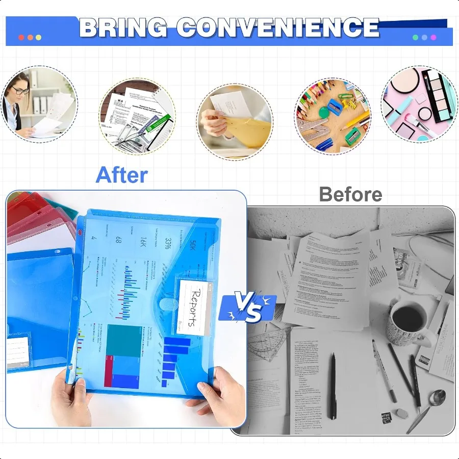 28 حزمة من المظاريف البلاستيكية مقاس A4 على شكل حرف أمريكي لـ 3 حلقات مع خطاف وحلقة إغلاق 7 ألوان مجلدات مستندات عالية