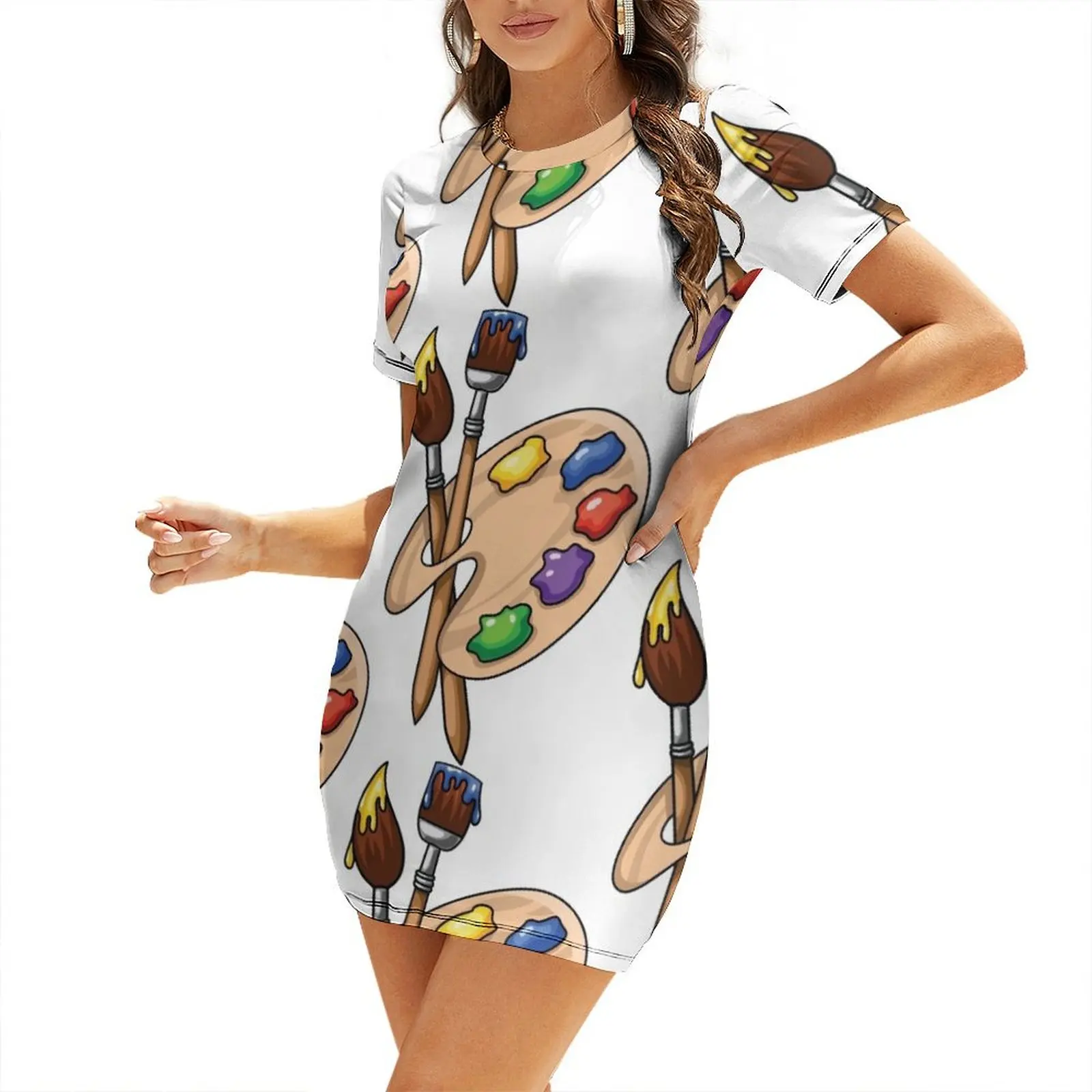 Cartoon wooden art Palette with paints and two brushes Short Sleeved Dress Dress for pregnant women Dress