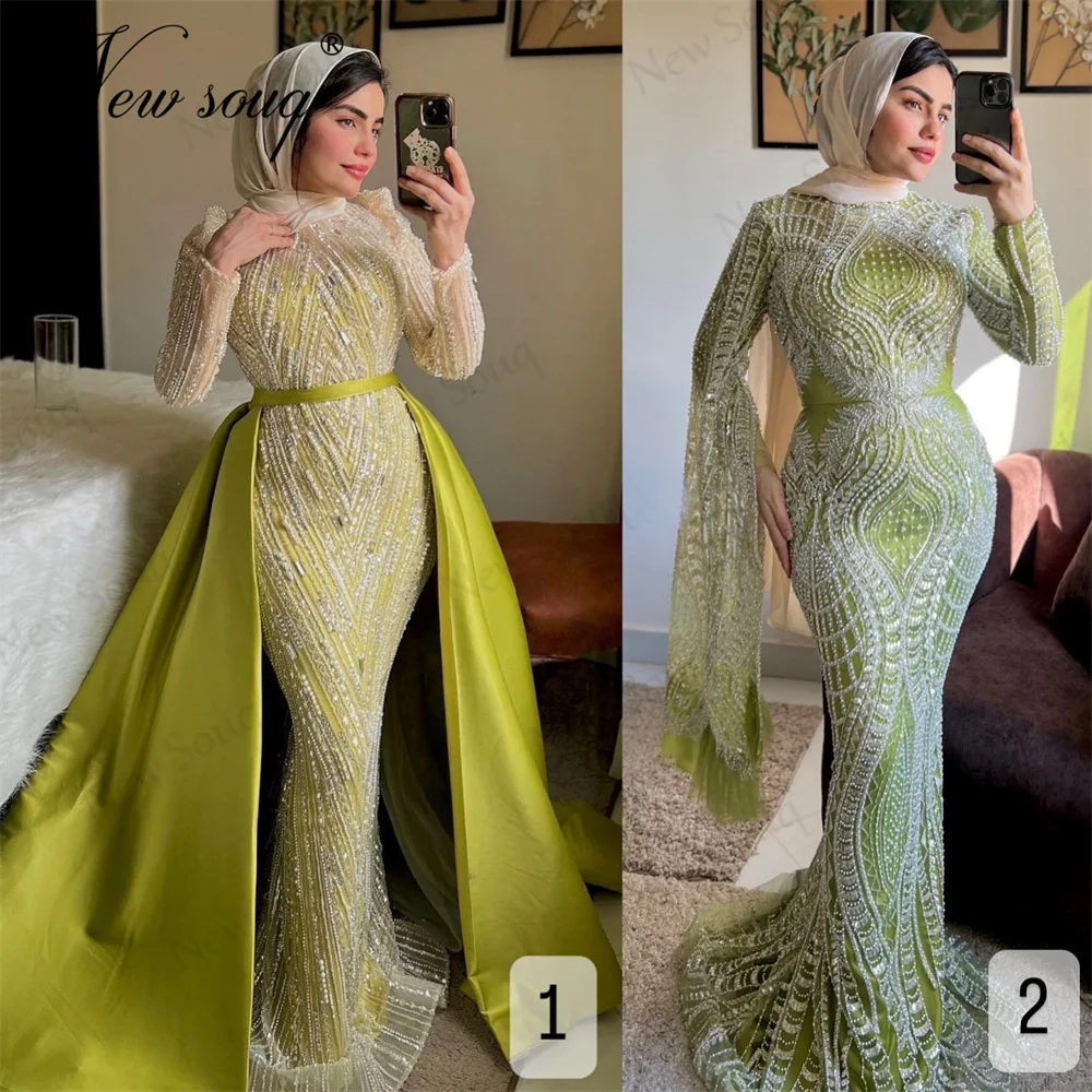 Muslim Green Sequins Celebrity Dresses Haute Coutures Mermaid Beading Evening Party Dress Luxury Cermony Gowns Vestidos De Gala